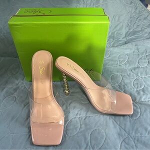 Shoe Land Nude Clear Strap Beaded Stiletto Mules